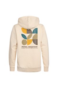 Felpa crema con cappuccio e cordino, caratterizzata da una stampa geometrica in turchese, giallo, grigio e beige sul retro. In fondo è presente la scritta "PETROL INDUSTRIES".
