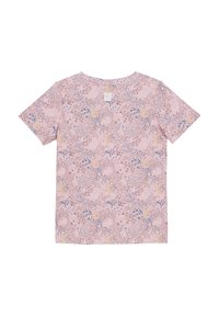 Rosa kortärmad T-shirt med ett blommönster i blått och gult, med en mjuk textur och rundad halsringning.