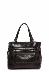 Borsa a mano in ecopelle marrone scuro con motivo coccodrillo, dotata di manici doppi, tasca frontale con zip e design strutturato.