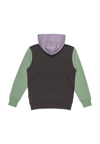 Felpa con cappuccio caratterizzata da un corpo grigio scuro, maniche verde menta e cappuccio lavanda; realizzata in tessuto morbido con polsini a coste.
