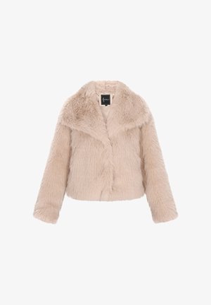 Nepbont jas in lichtbeige met een cropped ontwerp, brede kraag en lange mouwen. Zachte textuur en enkele sluiting aan de voorkant.