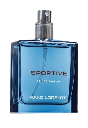 Niebieska prostokątna szklana butelka perfum oznaczona "Sportive Eau de Parfum Pako Lorente" z srebrnym rozpylaczem na górze.