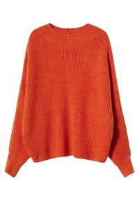 Pull orange à col rond en maille épaisse avec manches longues, poignets et ourlet côtelés, présenté à plat sur fond blanc.