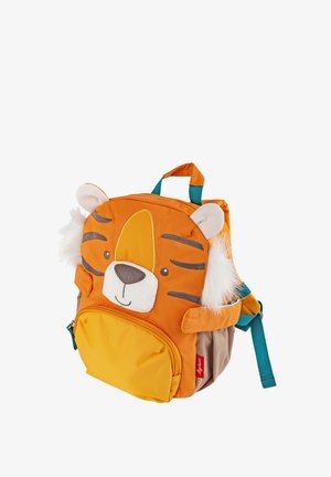 Sac à dos orange à thème tigre avec des oreilles blanches et des accents moelleux, présentant une poche avant, des sangles teal et un design facial amical.