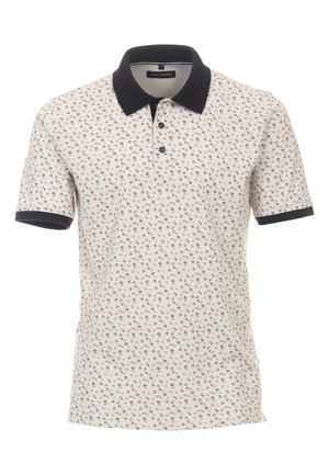 Polohemd in Creme mit kleinen, mehrfarbigen Kreis-Mustern. Mit einem Marineblauen Kragen und einer Knopfleiste mit drei Knöpfen. Kurze Ärmel. Aus einem Baumwoll-Mix.