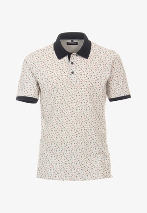 Polohemd in Creme mit kleinen, mehrfarbigen Kreis-Mustern. Mit einem Marineblauen Kragen und einer Knopfleiste mit drei Knöpfen. Kurze Ärmel. Aus einem Baumwoll-Mix.