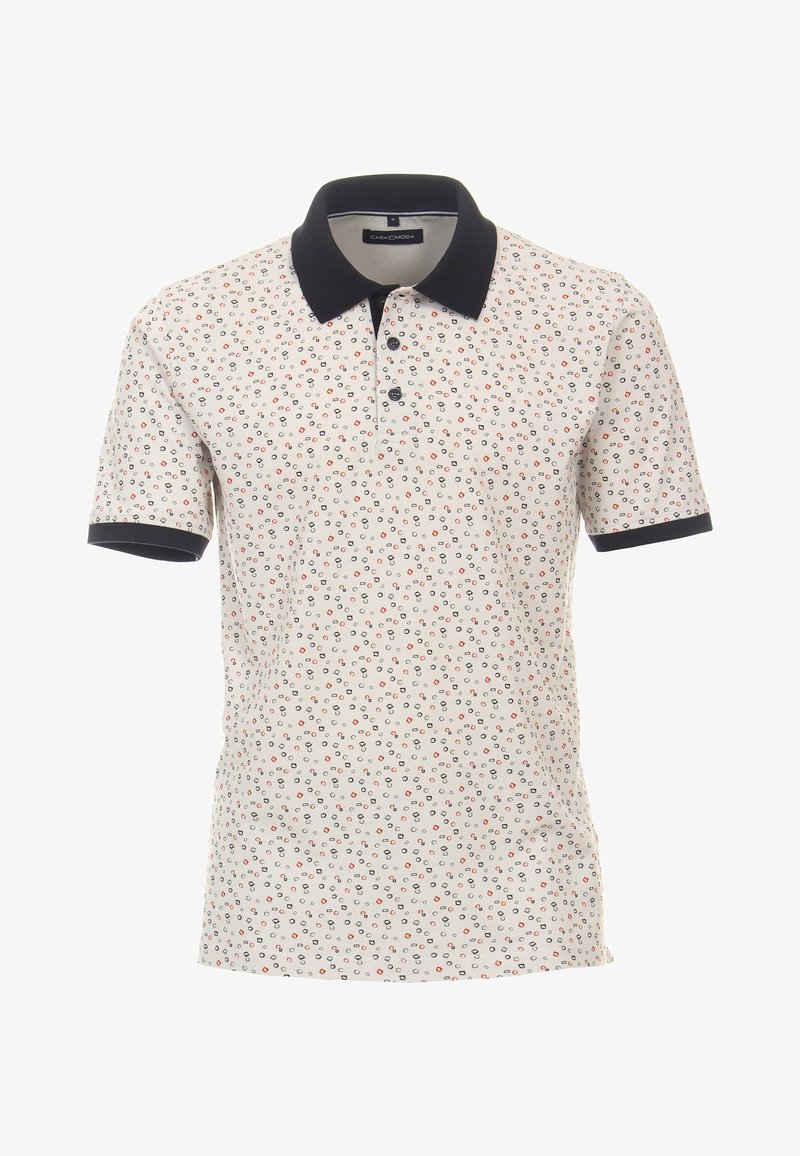 Polo shirt in cream with small multicolored circle patterns. Features a navy collar and three-button placket. Short sleeves. Cotton blend fabric.