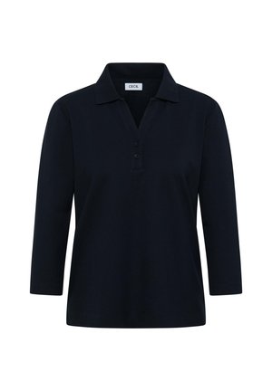 Polo shirt blu navy con colletto, patta con tre bottoni e maniche lunghe. Realizzato in un materiale liscio, presenta una vestibilità comoda e un colore uniforme.
