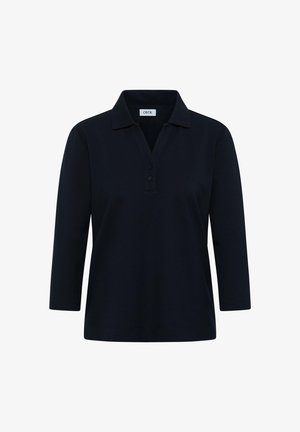 Granatowa koszulka polo z kołnierzykiem, z trzema guzikami i długimi rękawami. Wykonana z gładkiego materiału, o luźnym kroju i jednolitym kolorze.