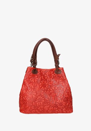 Sac à main orange texturé avec un embossage floral, poignées en cuir marron et quincaillerie en ton argenté. Dispose d'une forme spacieuse et structurée.
