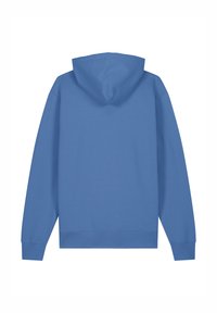 Blaues Kapuzensweatshirt mit langen Ärmeln, einfarbig, weicher Stoff, gerippte Bündchen und Saum, keine sichtbaren Logos oder Muster.