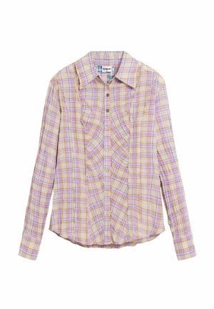 Cămașă în carouri cu mâneci lungi, în nuanțe de galben deschis, roz și lavandă. Are panouri cu volane, închidere cu nasturi în față și guler.