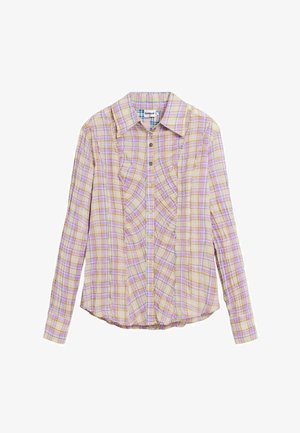 Cămașă în carouri cu mâneci lungi, în nuanțe de galben deschis, roz și lavandă. Are panouri cu volane, închidere cu nasturi în față și guler.