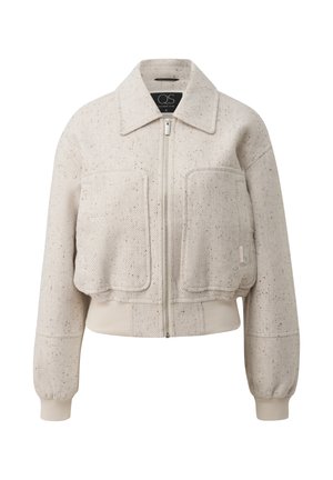 Lichtbeige cropped jack van gestructureerde stof, met een kraag, ritssluiting aan de voorkant en twee grote opgestikte zakken.