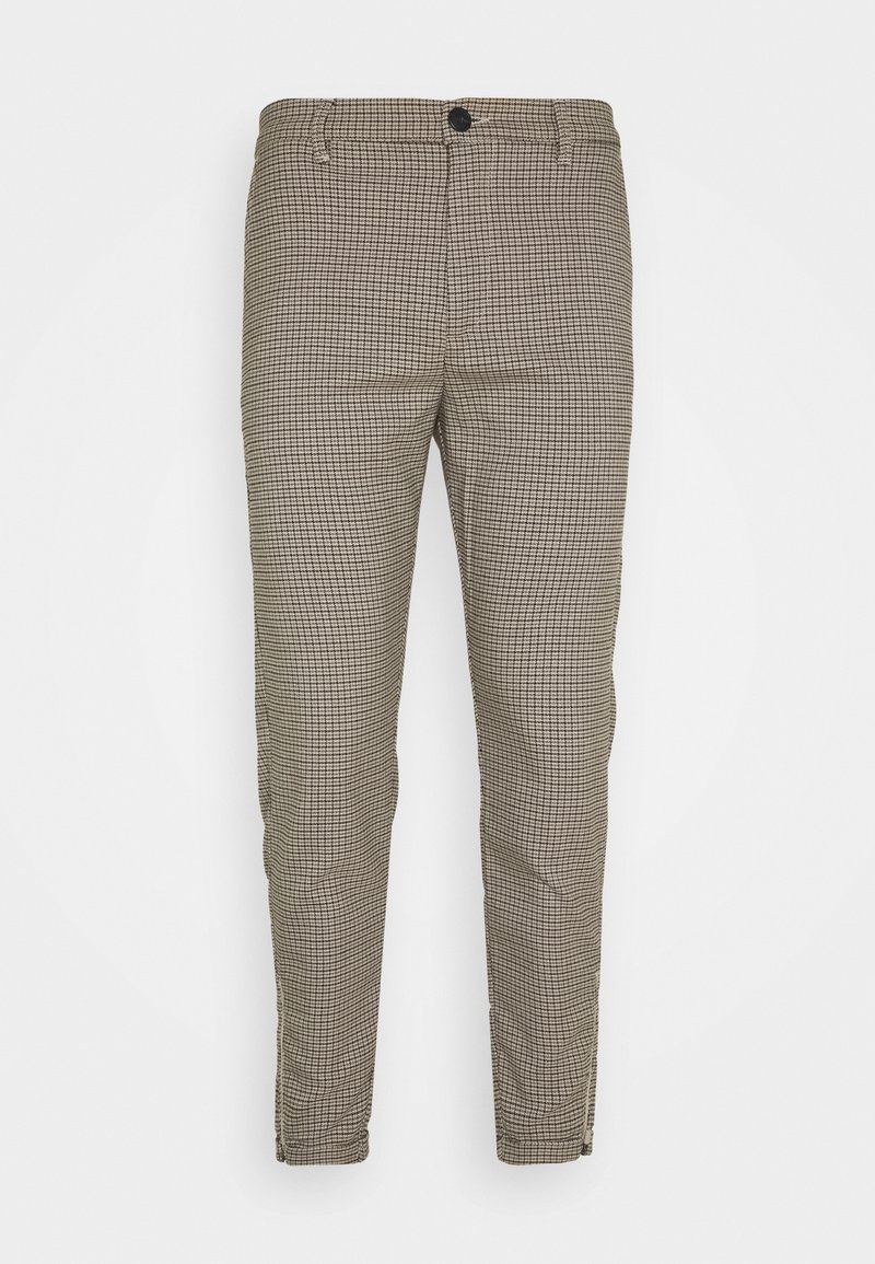 Geruite broek in beige en bruin, met een getailleerde pasvorm, een voorknopsluiting en een gladde textuur met een lichte glans.