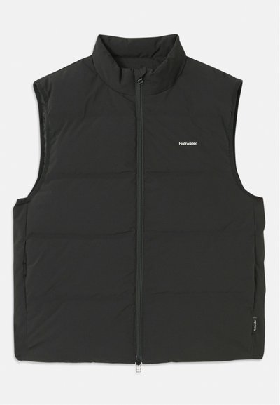 Black puffer vest with a high collar, zip closure, and no sleeves. Lightweight fabric with visible stitching and a small logo on the chest.
