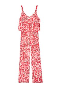 Combinaison rouge avec motif de feuilles blanches, dotée de fines bretelles, d'un décolleté en V et de pantalons à jambes larges. Fabriquée en tissu léger.