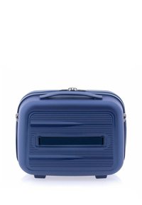 Funda de viaje rígida en azul oscuro con estrías horizontales, un asa superior y un bolsillo delantero con solapa. Cuenta con cierre de cremallera y cuatro patas.
