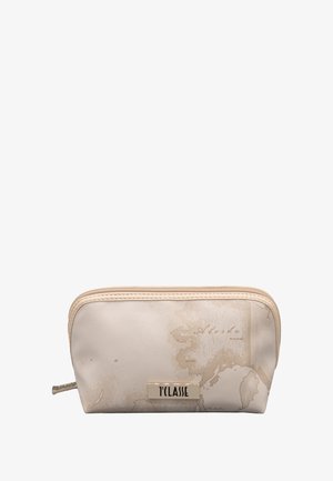 Bustina beige con cerniera, caratterizzata da un design mappa sottile con contorni dell'Alaska, una texture liscia e una targa del marchio in tonalità oro sul davanti.