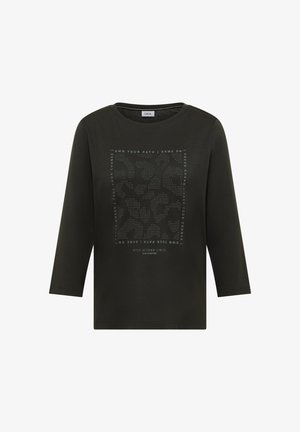 Tumma vihreä, pitkähiha t-paita, valmistettu pehmeästä kankaasta. Siinä on kuvioitu, kuvioitu grafiikka, jossa on motivoivaa tekstiä kontrastiväreissä.