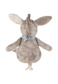 Plush donkey toy with gray fur, large ears, and a ruffled mane. Features a blue collar with white stars and a tag on the underside.