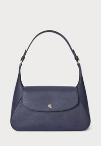 Navy blue handbag made of textured material, featuring a curved shape, a flap closure, and a short handle with gold accents.