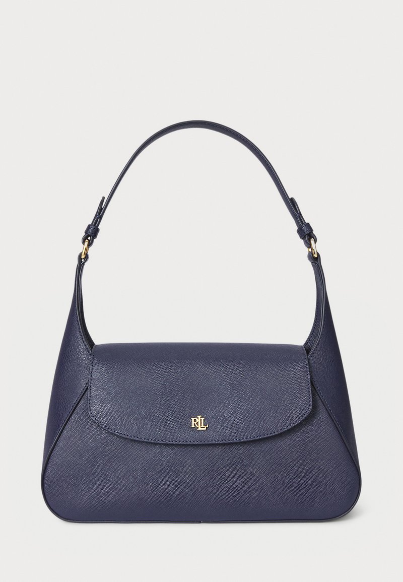 Navy blue handbag made of textured material, featuring a curved shape, a flap closure, and a short handle with gold accents.