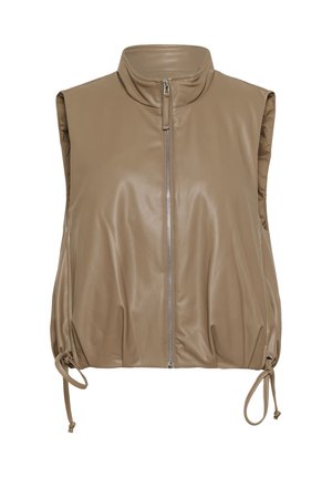 Varrukateta tumepruun nahast vest kõrge kraega, esikinnis tõmblukuga ja reguleeritavate paeladega ääres.