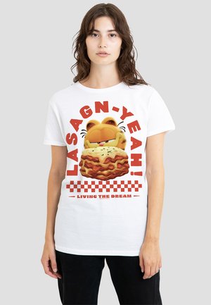 White cotton t-shirt featuring a cartoon cat with lasagna graphic, bold red text saying "LASAGN-YEAH!" and checkered border design.