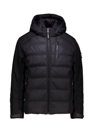 Schwarze Pufferjacke mit Kapuze, ausgestattet mit einer gesteppte Vorderseite, Seitentaschen und einem eleganten Design. Hergestellt aus leichten, warmen Materialien.
