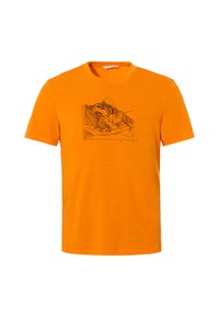 Oranje katoenen t-shirt met een zwart lijntekening van een landschap en de zon, met een ronde hals en korte mouwen. "Vaude"-logo in de hoek.