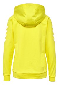 Yellow hooded sweatshirt made of cotton, featuring a kangaroo pocket and white diagonal stripes on the sleeves.