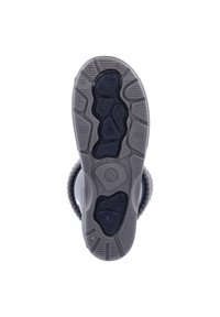 Semelle de chaussure en caoutchouc gris présentant un motif texturé, avec des accents latéraux rembourrés et un bord arrondi. Rainures notables pour une meilleure adhérence.