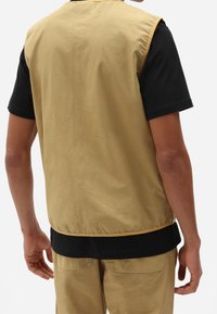 Man med en beige ärmlös väst över en svart kortärmad skjorta och matchande beige byxor, sedd från ryggen.
