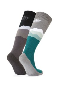 Pair of knee-high socks featuring a black and gray colorway with mountain patterns and a teal accent on one sock. Cotton blend material.