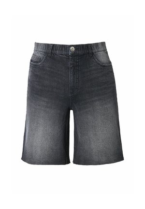 Shorts en denim de couleur foncée avec un devant délavé. Présente une fermeture à bouton, des passants de ceinture et un design classique à cinq poches. Texture épaisse.