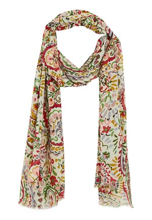 Écharpe légère avec des motifs floraux et cachemire multicolores en rouge, vert, jaune et rose sur fond blanc, drapée librement.