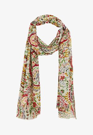 Pañuelo ligero con patrones florales y de cachemira multicolores en rojo, verde, amarillo y rosa sobre fondo blanco, ligeramente drapeado.