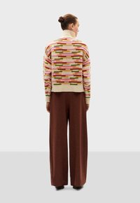 Maglione a maglia纹理多色 con un colletto ampio, caratterizzato da strisce rosa e verdi. Abbinato a pantaloni larghi marroni.