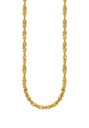 Goldene verdrehte Seilkette mit ineinander verwobenen Gliedern, die ein glattes, glänzendes und flexibles Design bilden.