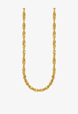 Goldene verdrehte Seilkette mit ineinander verwobenen Gliedern, die ein glattes, glänzendes und flexibles Design bilden.