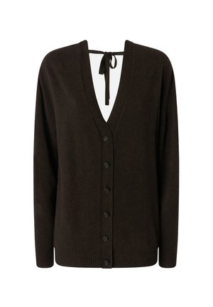 Smeđi kardigan s V-izrezom, prednjim dugmadi, dugim rukavima i vezanjem oko vrata. Mekana tekstura i rebrasti detalji na rubovima.