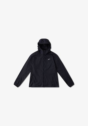 Lightweight black jacket with a hood, full zipper, elastic cuffs, and two side pockets; features a reflective logo on the chest.
