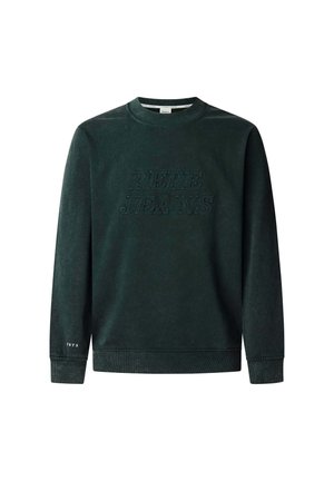 Dark green crew-neck sweatshirt made of soft fabric. Features embossed "PEPE JEANS" logo and small "1973" detail on the cuff.