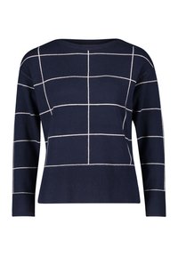 Marineblauer Pullover mit einem Karomuster in weißen Linien, runden Halsausschnitt, langen Ärmeln und geripptem Saum. Weicher, gestrickter Stoff.