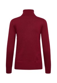 Pull col roulé rouge foncé uni à manches longues avec col, poignets et base côtelés vu de dos sur fond blanc.