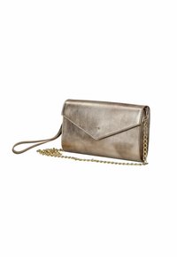 Pochette in bronzo metallico con pattina a busta, piccolo logo sul fronte, tracolla e catena dorata removibile.