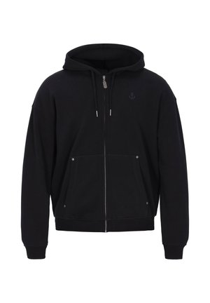 Felpa nera con zip, con cappuccio, due tasche frontali e un piccolo logo a forma di ancora. Realizzata in cotone, con polsini e orlo a coste.