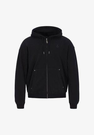 Černá mikina s kapucí na zip, dvěma předními kapsami a malým logem kotvy. Vyrobená z bavlny, s žebrovanými manžetami a lemem.