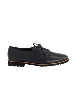 Chaussure Oxford en cuir noir à lacets avec semelle ornée marron et semelle extérieure noire rainurée, vue de côté sur fond blanc.